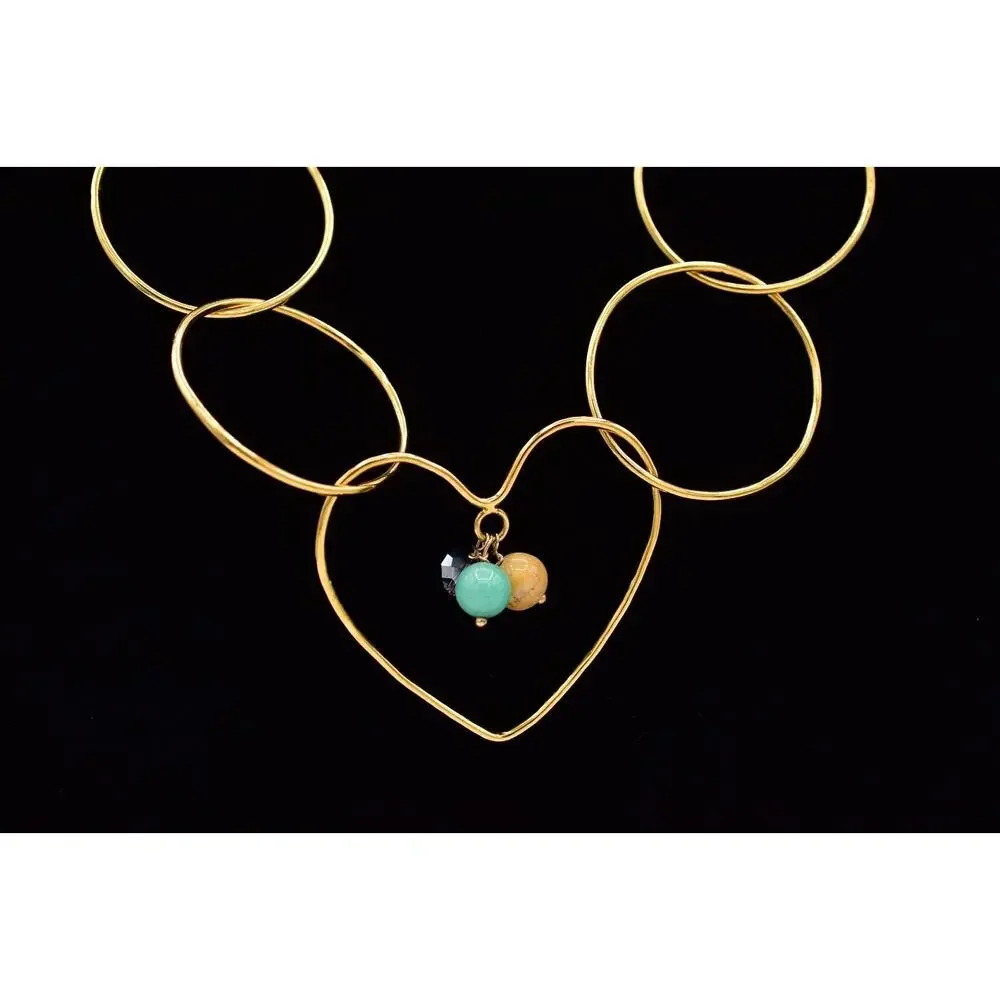 Vintage Heart Dangle Beaded Necklace Linked Gold Tone Chain Chunky 1980s BinBL